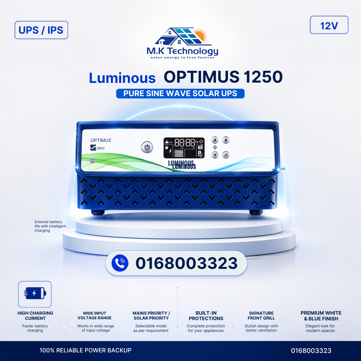 Luminous Optimous 1250 12V Pure Sine Wave UPS IPS Luminous Optimus 1250 12V Pure Sine Wave UPS/IPS Price in BD 2026 | MK TECHNOLOGY - Image 1
